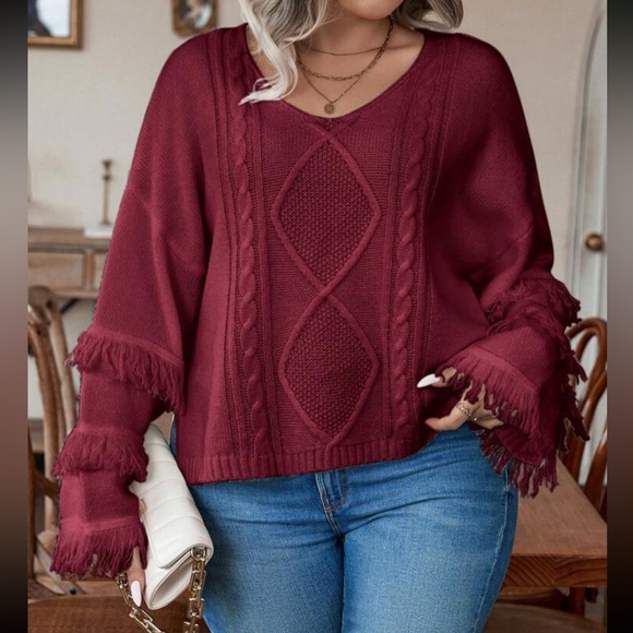 Plus size cozy fringe detail cable knit sweater top - Picture 10 of 16